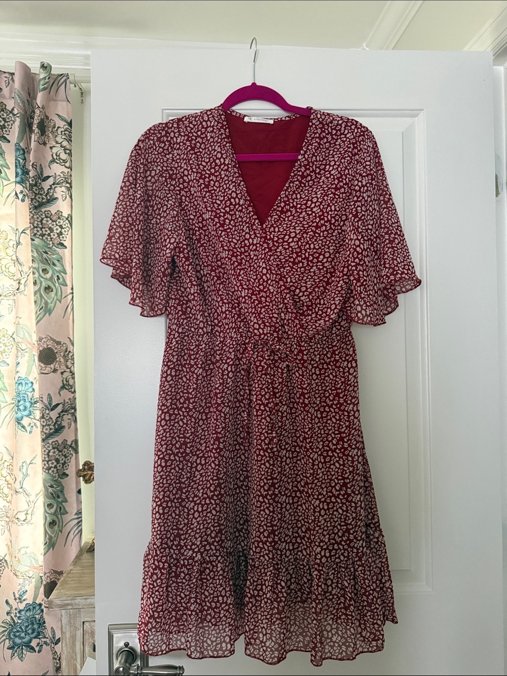 Women's Burgundy Floral Wrap-Style Dress with Flutter Sleeves